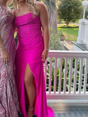 Fuchsia One-Shoulder Prom Gown with High Slit